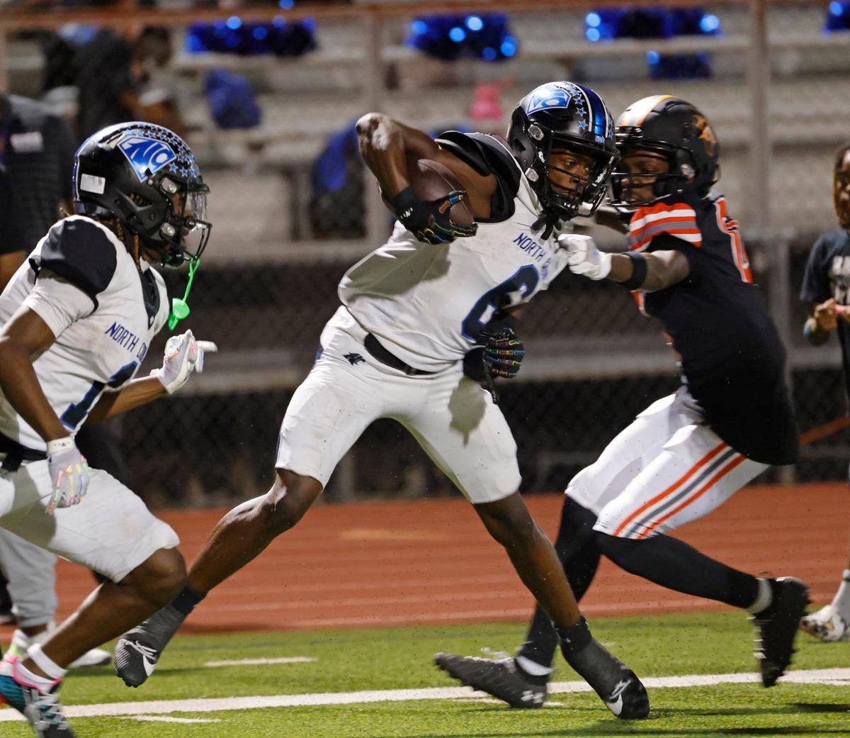 North Crowley wide receiver Quentin Gibson (6) fights for the end zone during a UIL 6A Conference football game at Wilkerson-Sanders Memorial Stadium in Rockwall Texas, Thursday, Sept. 19, 2024.