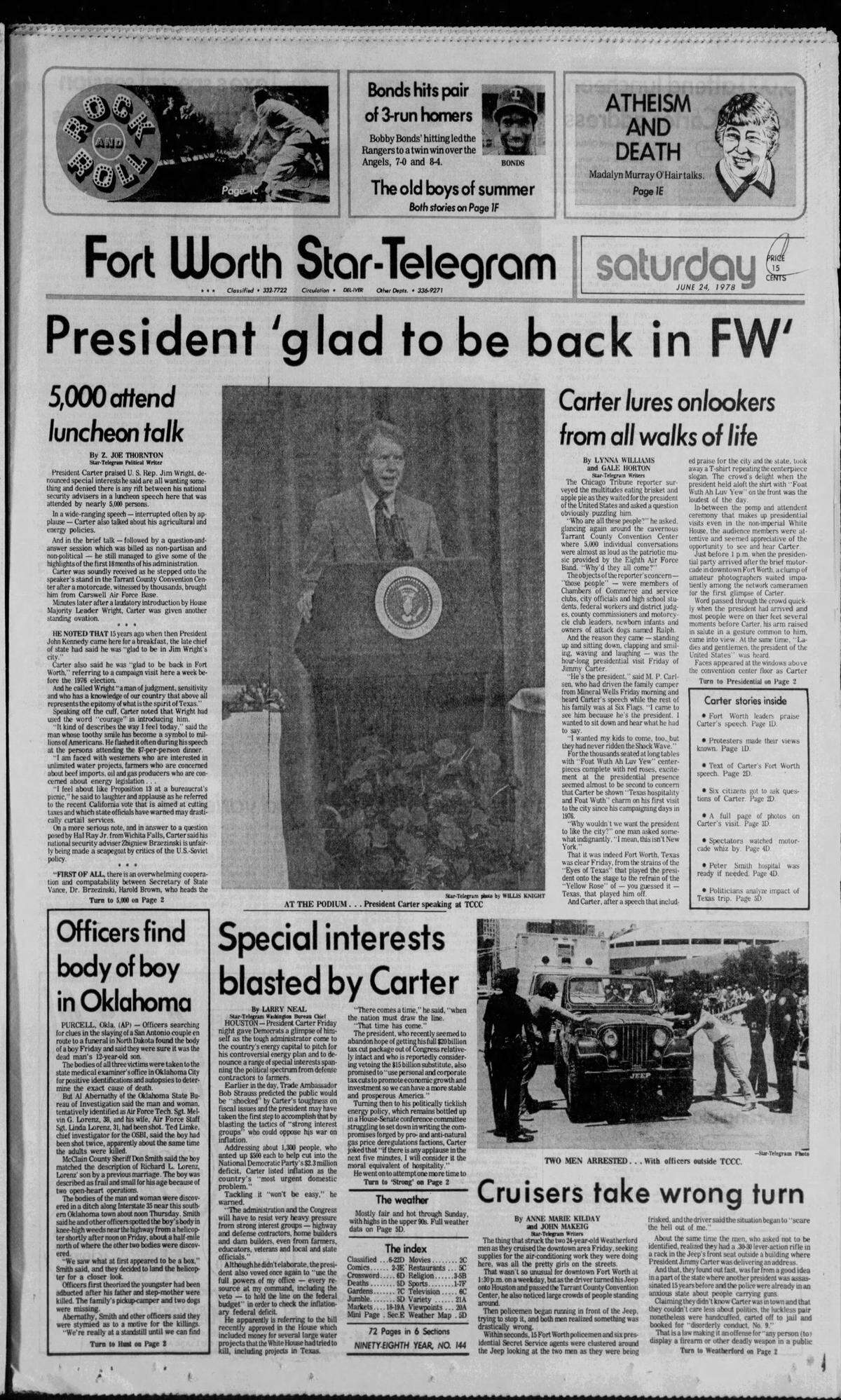 The front page of the Fort Worth Star-Telegram on June 24, 1978, reporting on President Jimmy Carter’s visit.
