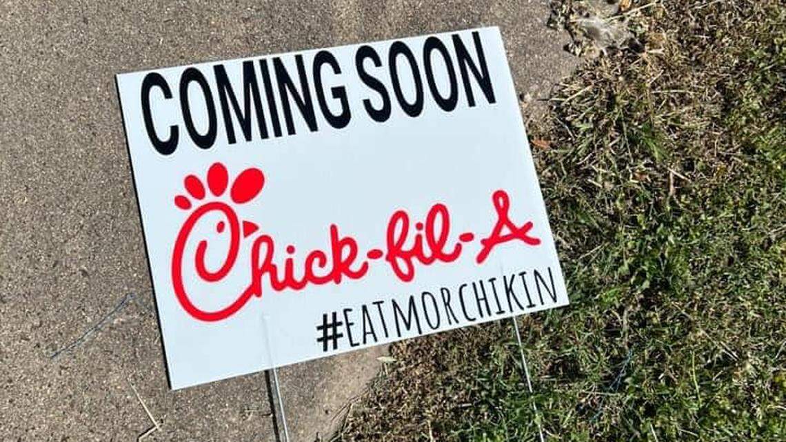 This sign announcing “Chick-Fil-A coming soon” to a Texas town is a prank, police say.