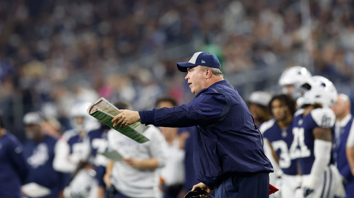 Dallas Cowboys head coach Mike McCarthy questions a penalty from the sidelines during an NFL football game against the New York Giants earlier this season.