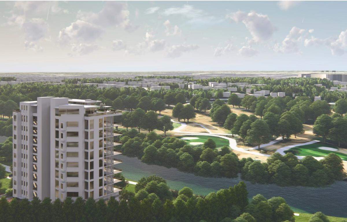 Pearson Grove, a 14-story condominium tower on the north bank of the Trinity River in Fort Worth, would overlook Colonial Country Club to the south. This is a 2024 conceptual rendering.