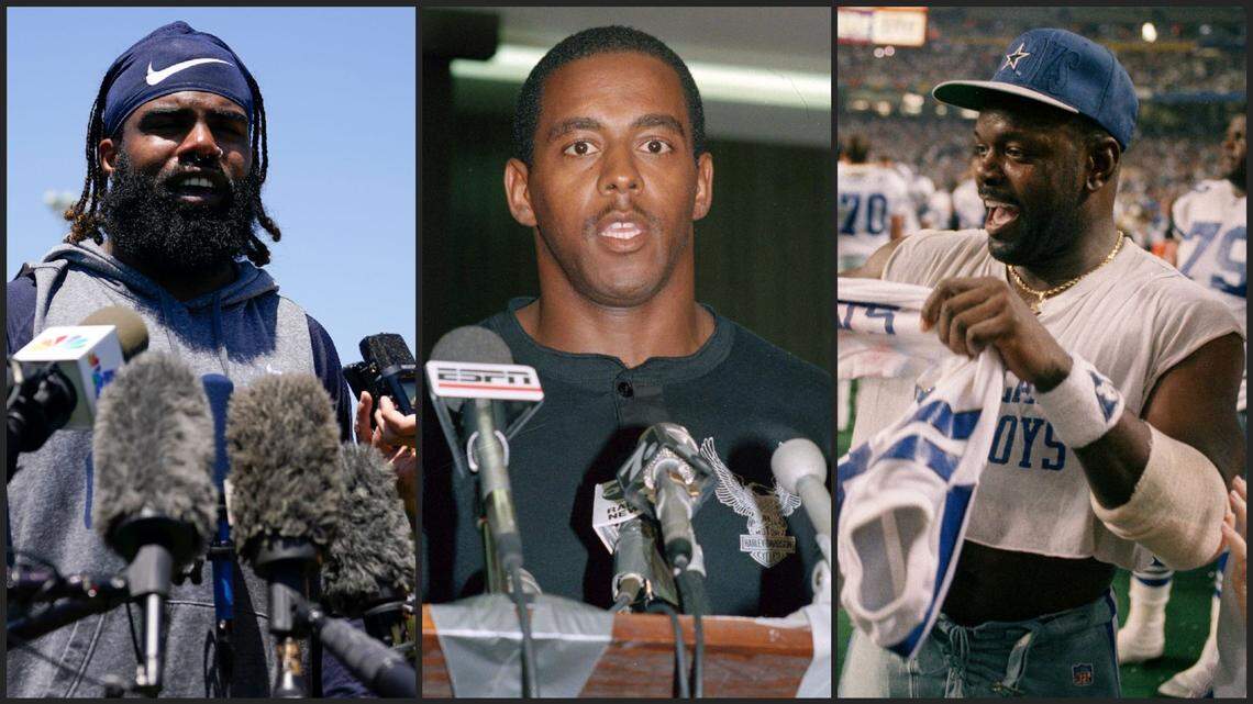 Ezekiel Elliott, left, Tony Dorsett, and Emmitt Smith, right, lead the Dallas Cowboys’ franchise in rushing yards through their first six season.