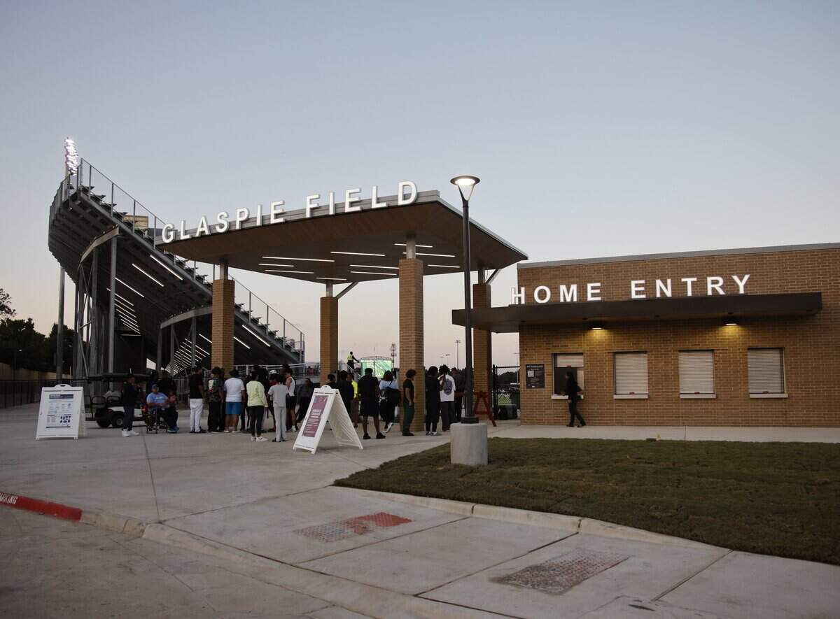 The home entrance to Glaspie Field before the first half of a UIL football game between The Colony and Arlington Seguin in Arlington, Texas, Thursday, Sept. 25, 2025.