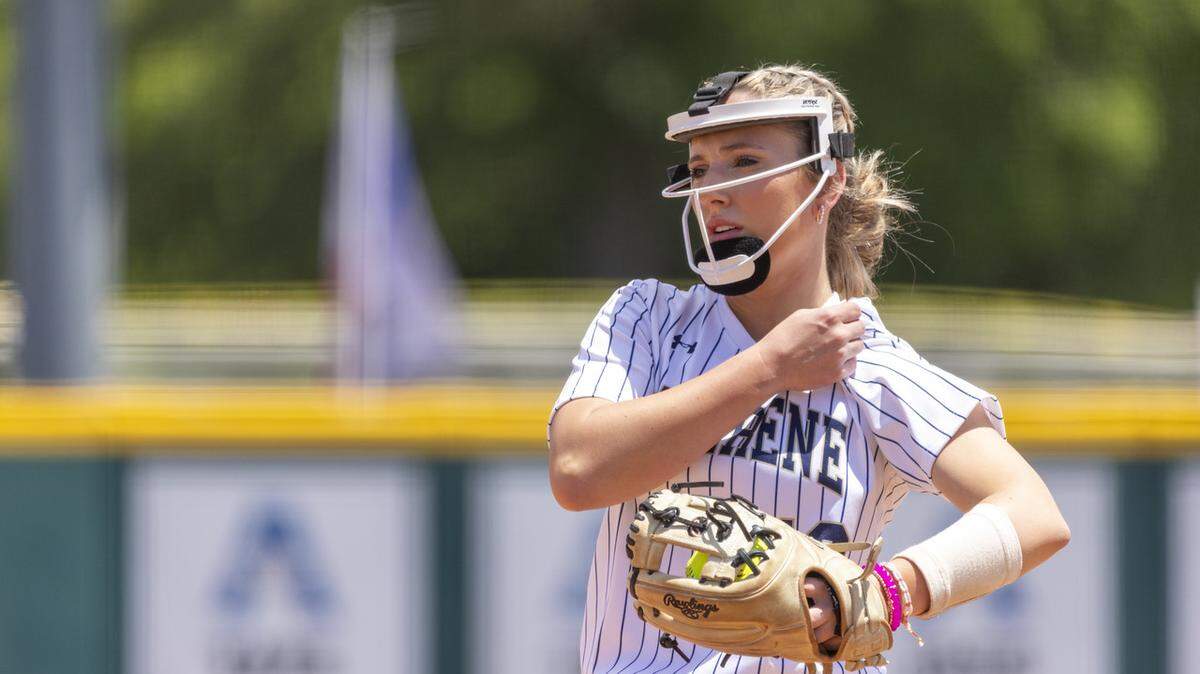 Crowley Nazarene Christian pitcher Gracyn Whitsell (No. 19) prepares to pitch in a TAPPS Division IV state championship game at the University of Texas-Arlington campus in Arlington, Texas on Saturday, May 10, 2025.