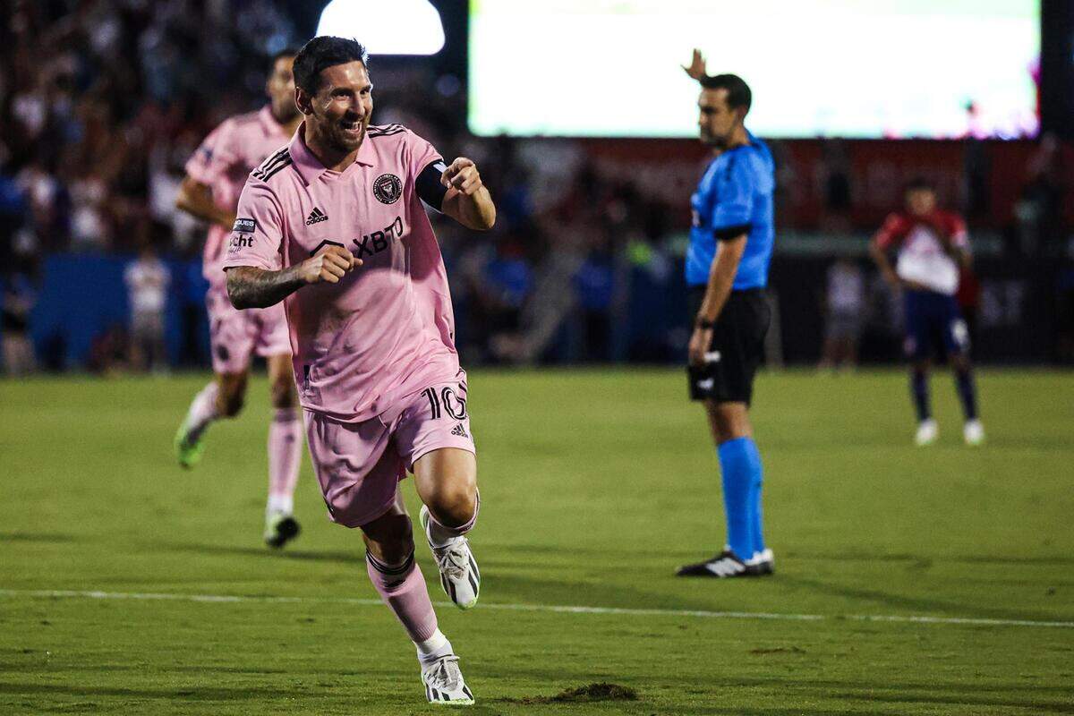 Inter Miami FC captain Lionel Messi (10) celebrates with teammates after scoring a goal in the first half of a Leagues Cup match against Dallas FC at TOYOTA Stadium in Frisco, Texas on Sunday, Aug. 6, 2023.