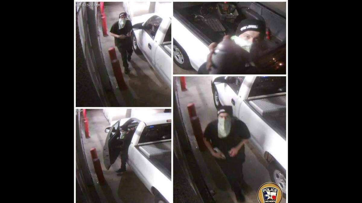 Security camera footage shows the suspect using spray paint to cover the camera lens.