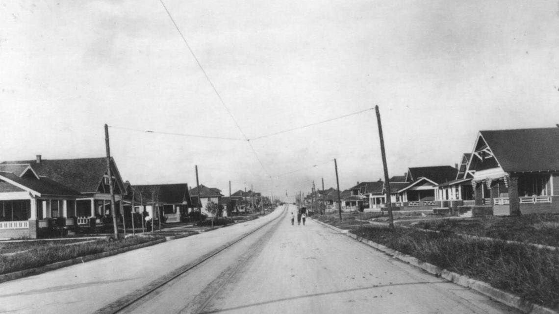 Fairmount Avenue, looking north from the 2100 block, with streetcar tracks in the middle of the street, c. 1915-1920.