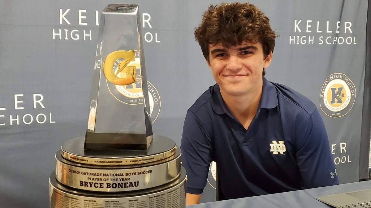Keller midfielder Bryce Boneau was named the 2020-21 Gatorade National Player of the Year for boys soccer in a ceremony at Keller High School on June 17, 2021