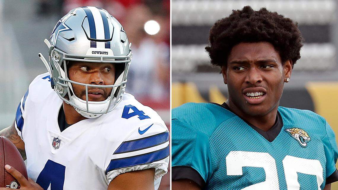 Dallas Cowboys quarterback Dak Prescott (left) and Jacksonville Jaguars cornerback Jalen Ramsey (right) are pictured in this composite photo.