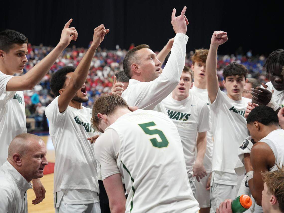 Birdville huddles up during the Class 5A Division I state championship game against Beaumont West Brook on March 8, 2025, at the Alamodome in San Antonio.