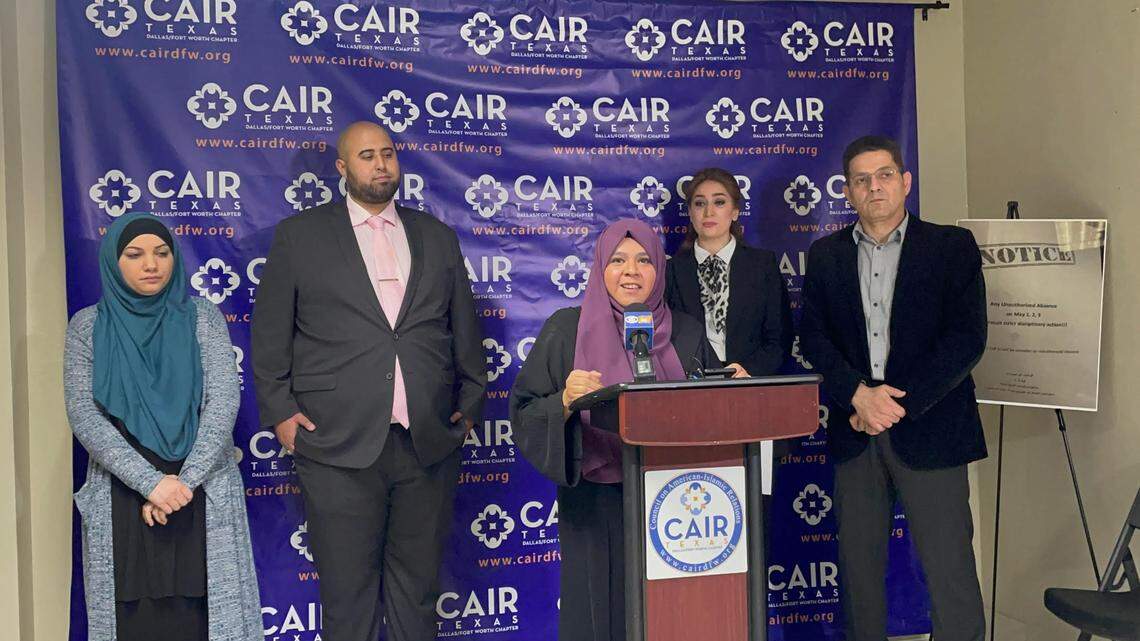 Nahela Morales, board member of the Council of American-Islamic Relations, Dallas-Fort Worth chapter, held a press conference Thursday, Feb. 16, 2022, where speakers came forward with claims of religious discrimination that employees allegedly experienced at Prospect Airport Services, a Dallas-Fort Worth International Airport contractor.