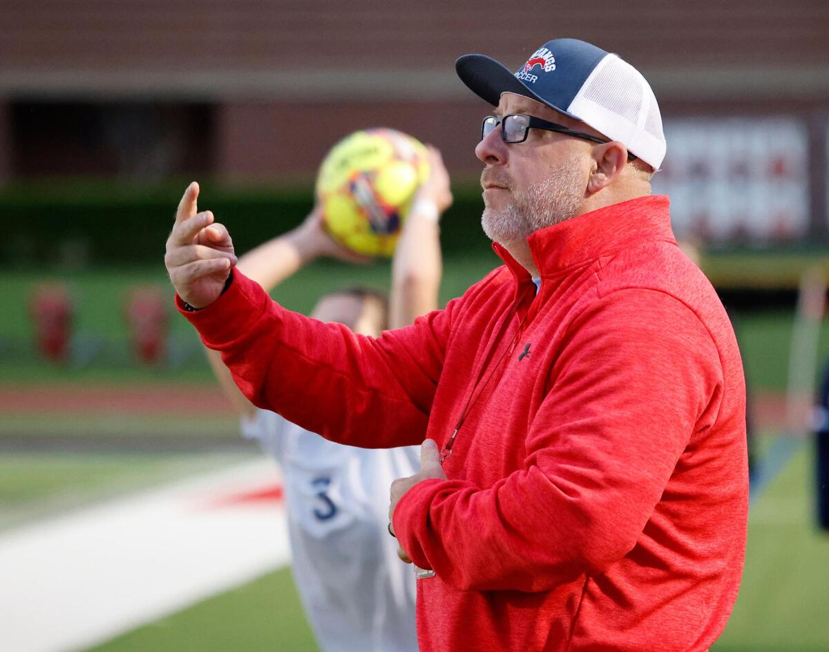 Grapevine head coach Steve McBride coaches from the sidelines during the Class 5A D2 UIL state semifinal girls soccer playoff game at Buddy Echols Field in Coppell, Texas, Friday, Apr. 05, 2025.