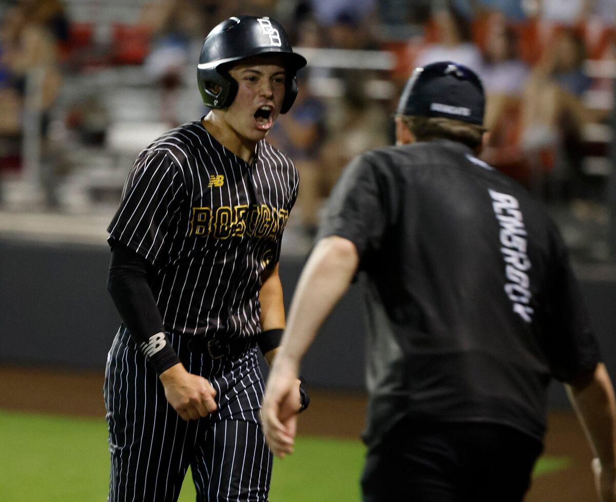 Benbrook first baseman Jaeden Powell yells at the team manager after scoring during a UIL District 4A Region 2 Quarterfinals at Coppell Baseball Complex in Coppell, Texas, Friday, May 17, 2024.