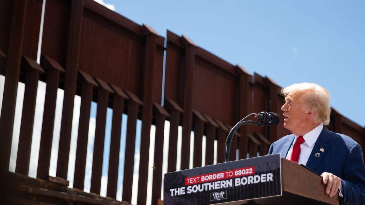 Donald Trump gives remarks at the border on Aug. 22, 2024, at Montezuma Pass in Cochise County.