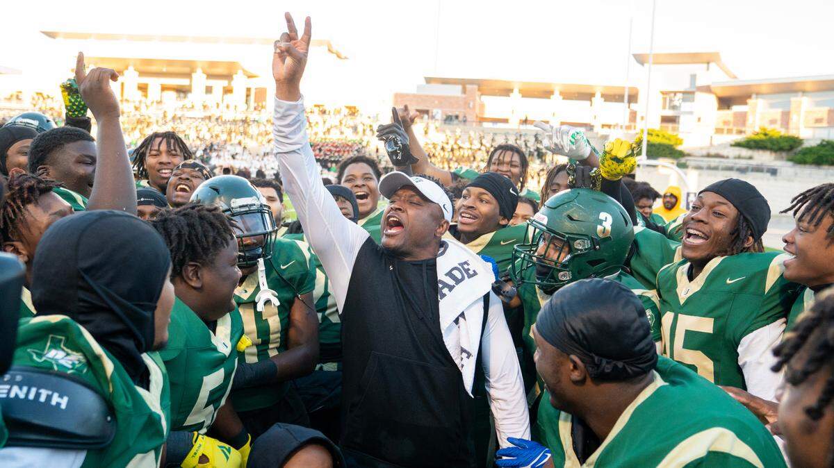 DeSoto football celebrates after a Class 6A D2 State Semifinal win over Southlake Carroll on Dec. 9, 2023 in Allen, Texas.