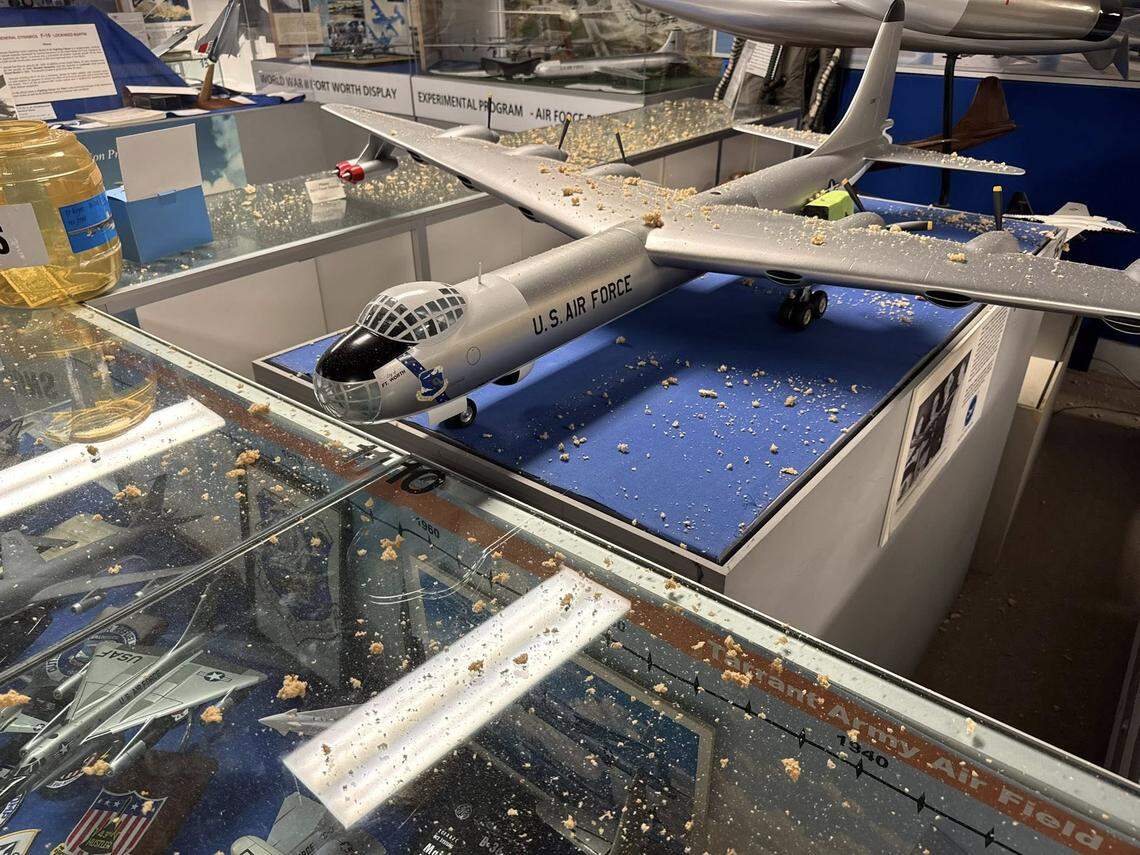 Hail broke through the ceiling at the Fort Worth Aviation Museum causing insulation to cover all galleries and exhibits.