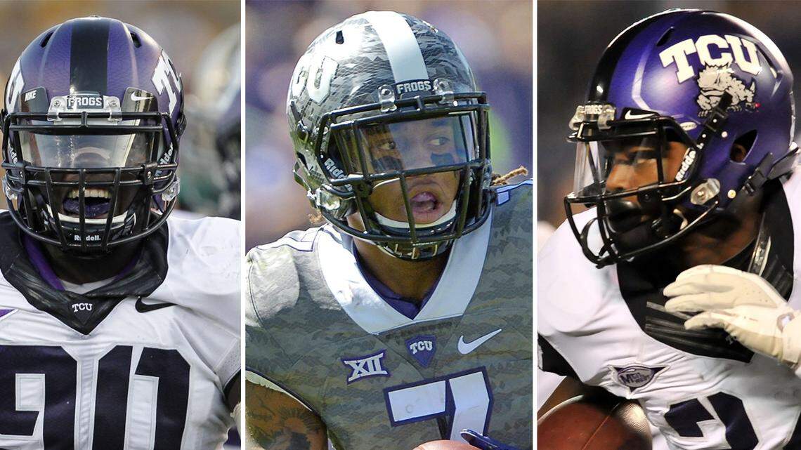 Former TCU Horned Frog football players Stansly Maponga (left), Kolby Listenbee (center) and Ed Wesley (right) are shown in this composite photo. Maponga and Wesley are among five former players named in Listenbee's lawsuit against the school and TCU head coach Gary Patterson.