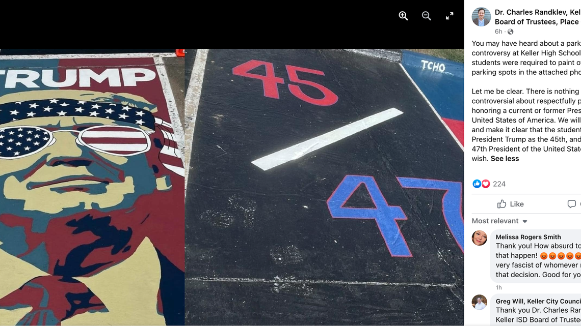 A Facebook post from Keller ISD board president Charles Randklev addressing the controversy surrounding a student’s Trump-themed parking space.