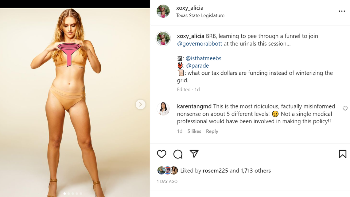 Intersex advocate Alicia Roth Weigel posted a photo of herself with a pee funnel to mock Texas’ latest anti-transgender bill.