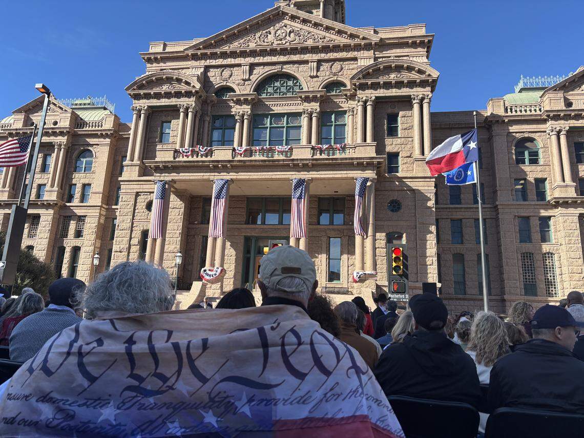 The Ten Commandments monument dedication ceremony brought out about 200 people and roughly a dozen protesters on Jan. 16, 2026.