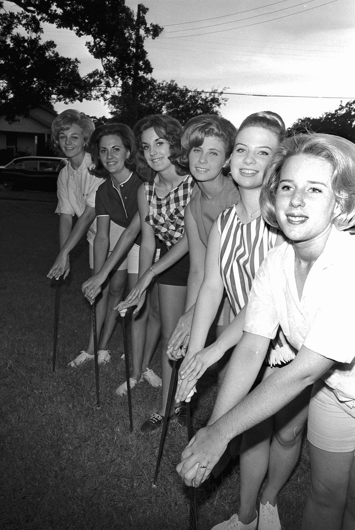 Aug. 25, 1965: The 1965-66 majorettes with the Arlington State College Rebel Band will be, left to right, Diane Gaskamp of Waco; Terrina Rush of Fort Worth; Karen Pollard of Dallas; Karen Garner of Waco; Margie Maples of De Soto, and Linda McDonald of Arlington.