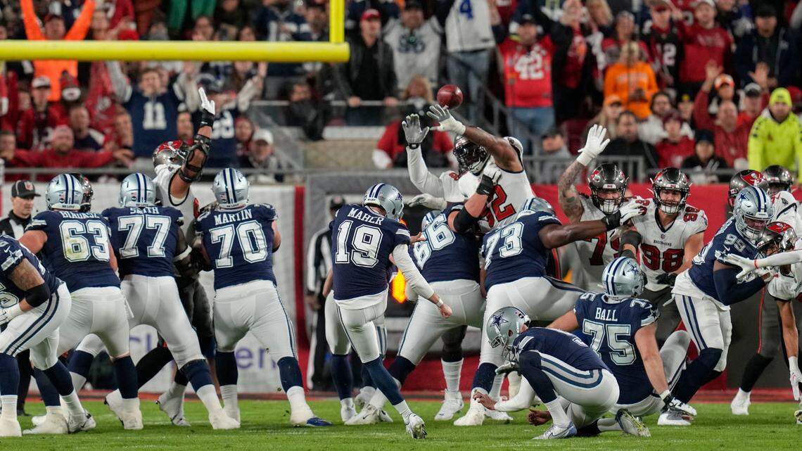 Dallas Cowboys place kicker Brett Maher (19) misses the extra point against the Tampa Bay Buccaneers during the first half of an NFL wild-card football game, Monday, Jan. 16, 2023, in Tampa, Fla. (AP Photo/John Raoux)