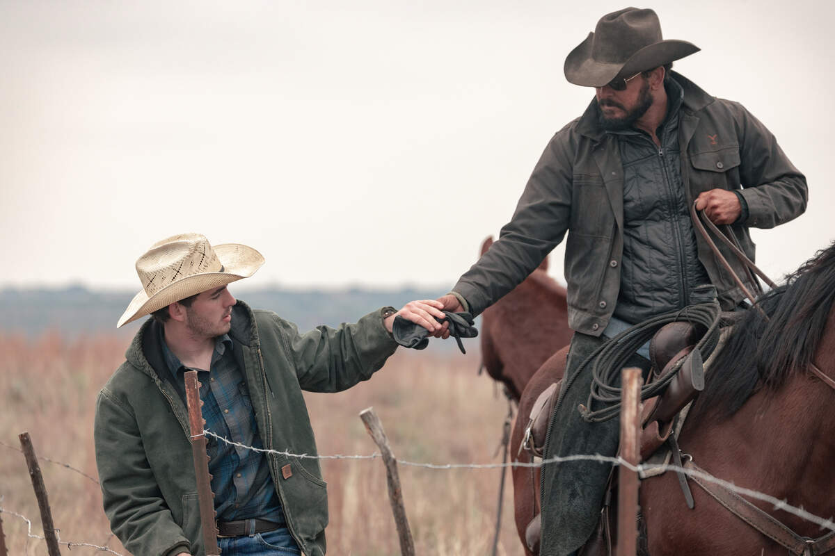 L-R: Finn Little as Carter and Cole Hauser as Rip Wheeler in “Dutton Ranch,” episode 8, season 1, streaming on Paramount+, 2026.