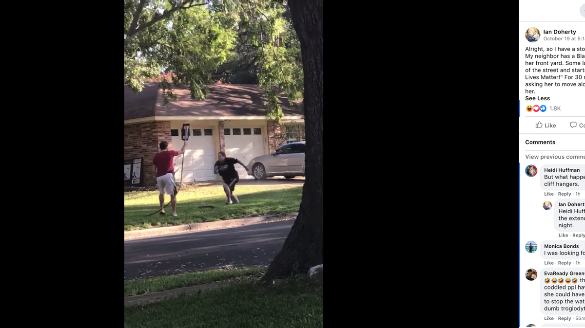 Ian Doherty said a woman repeatedly yelled ‘white lives matter’ in his neighborhood and refused to leave before he sprayed her with a hose, video shows.