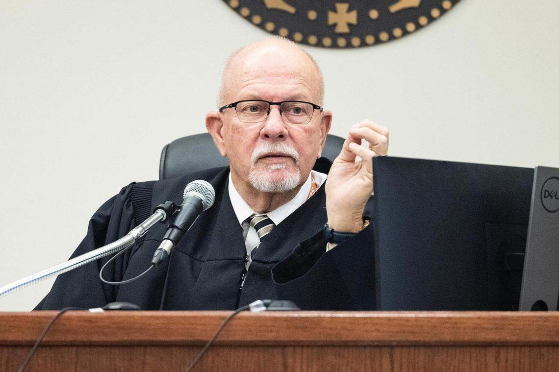 Visiting Judge Robert Brotherton listens to the defense attorneys representing the defendant Maurice Smith in court for his capital murder trial in the Criminal District Court No. 4 at the Tim Curry Criminal Justice Center in Fort Worth on Thursday, Feb. 29, 2024.