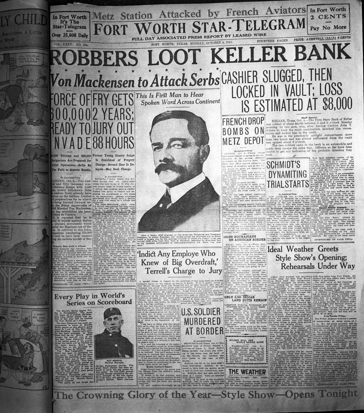 Oct. 4, 1915: Keller bank robbery article from the front page of the Fort Worth Star-Telegram.