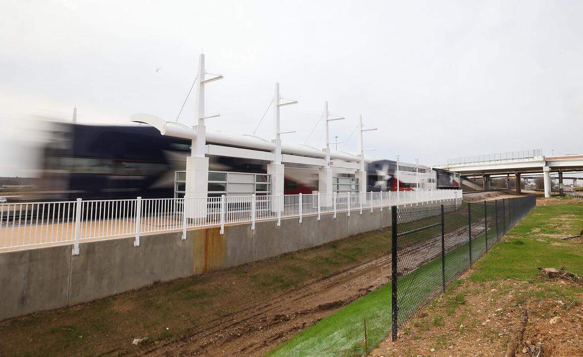 A Trinity Railway Express commuter train passes through the new Trinity Lakes Station on its way to Dallas on Friday, February 16, 2024. The station, which will open on Feb. 19, is a new stop on the Trinity Railway Express commuter rail between Dallas and Fort Worth.