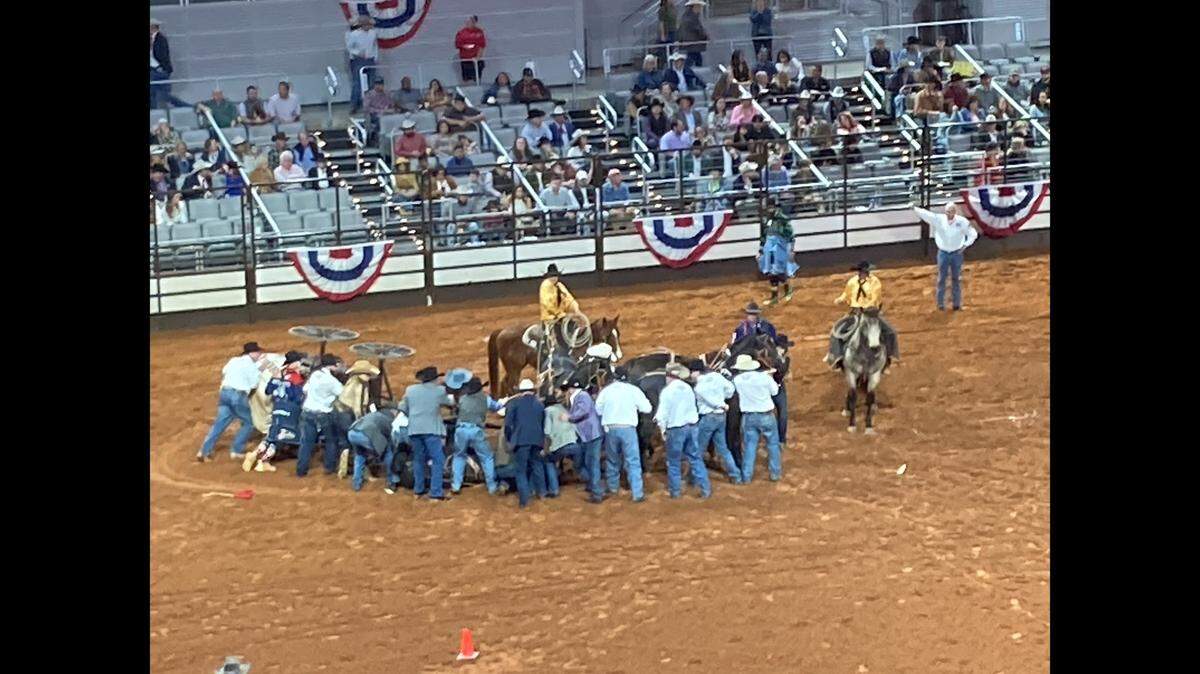A chuckwagon tipped over during a race at the Fort Worth Stock Show and Rodeo on Friday night. The driver sustained injuries to his shoulder. One of the horses fell over during the accident but wasn’t hurt.