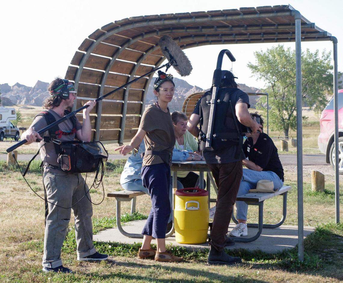 Director Chloe Zhao on the set of ‘Nomadland.’ Brad Riza, an amateur astronomer from Benbrook, has a brief role in the movie.