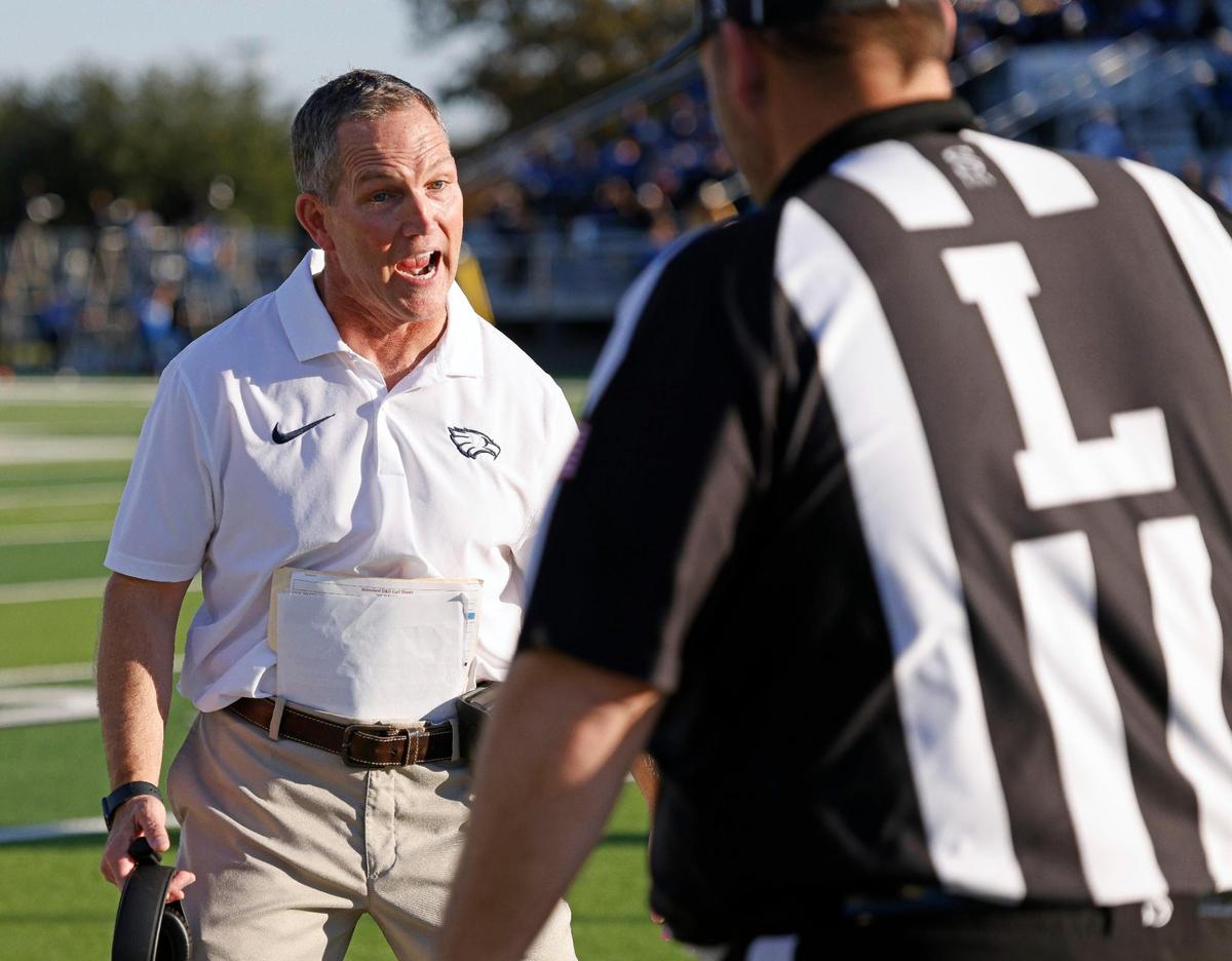 Allen head coach Lee Wiginton argues a no call with the linesman during the second half of a UIL Conference 6A Division 1 quarterfinal football playoff game at Dragon Stadium in Southlake, Texas, Saturday, Dec. 02, 2023.