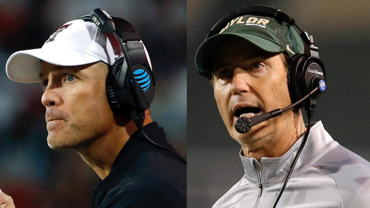 Texas Tech coach Matt Wells (left) is on the hot seat as his Red Raiders are 4-6 this season, leading influential Texas Tech boosters to lobby for former Baylor coach Art Briles (right) to replace him.