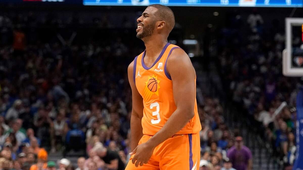 Phoenix Suns guard Chris Paul (3) reacts to being issued a foul in the first half of Game 4 of an NBA basketball second-round playoff series against the Dallas Mavericks, Sunday, May 8, 2022, in Dallas. (AP Photo/Tony Gutierrez)