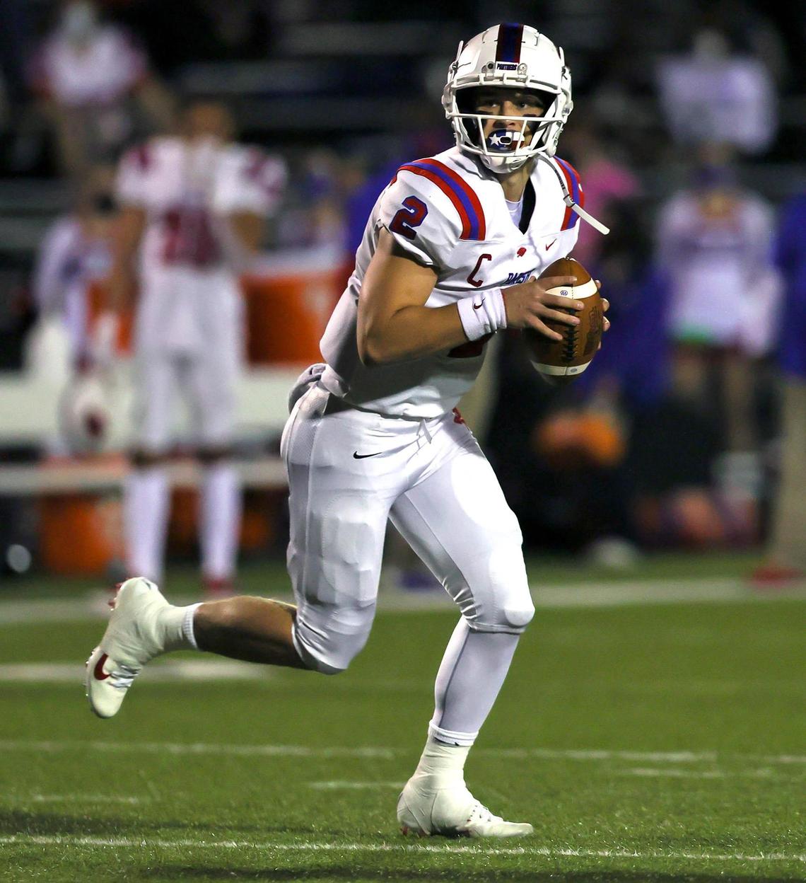 Parish Episcopal quarterback Preston Stone (2) rolls out to pass against Nolan during the first half of a high school football game, November 13, 2020 played at Doskocil Stadium in Fort Worth, Tx. (Steve Nurenberg Special to the Star-Telegram)