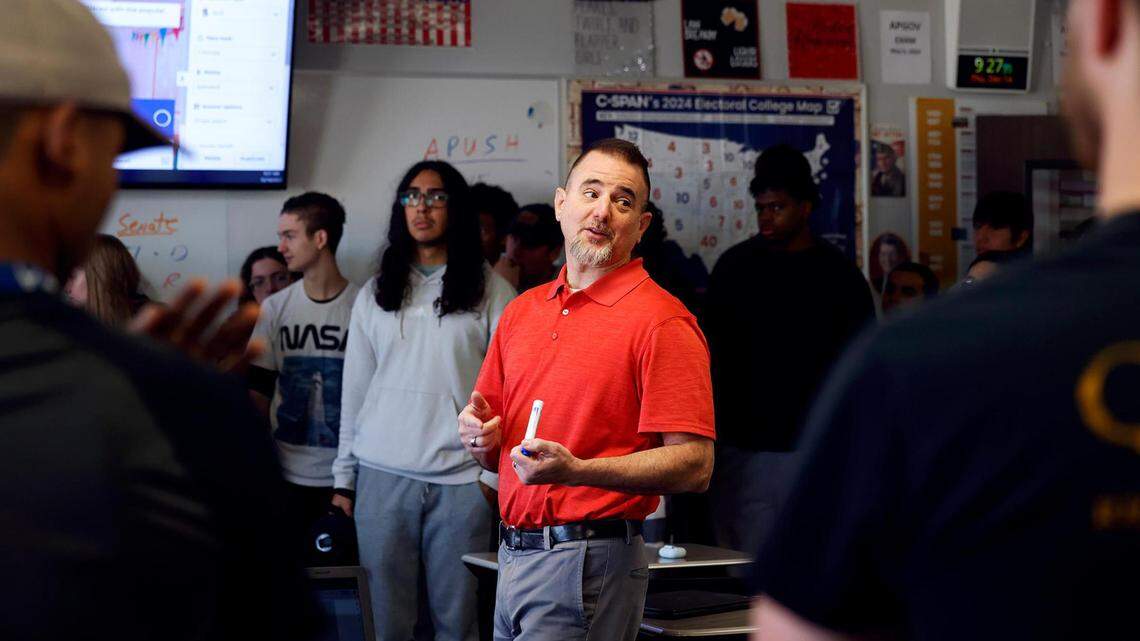 Jeffrey Oster leads his AP government class in a debate on the electoral college in December. Oster has been a teacher for 25 years and works at V.R. Eaton High School in far north Fort Worth.