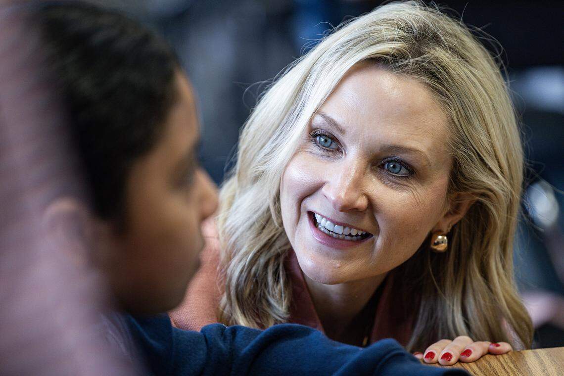 Fort Worth Mayor Mattie Parker speaks to students on the first day of school at Mary Louise Phillips Elementary School in Fort Worth on Tuesday, Aug. 12, 2025.