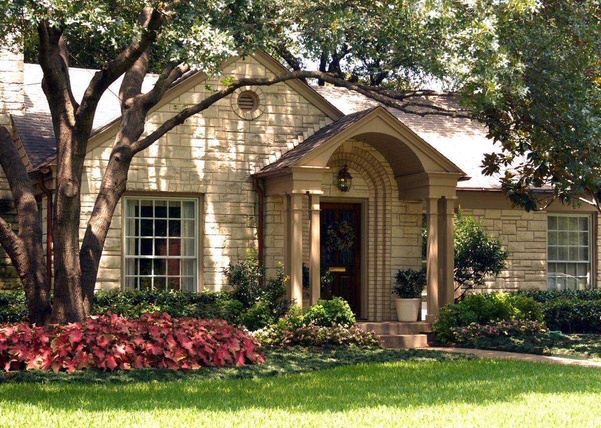 Wide, curved beds and a framing tree make this landscape look natural.