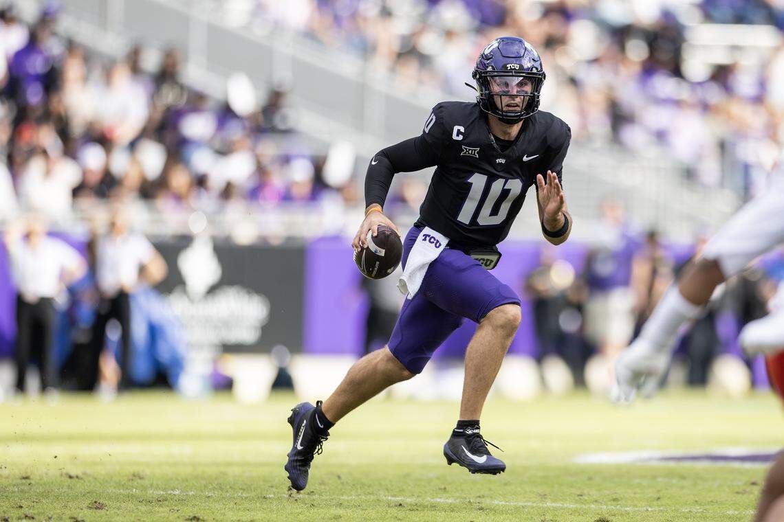 TCU quarterback Josh Hoover (10) looks to pass in the first half of a Big XII conference game between the TCU Horned Frogs and the Cincinnati Bearcats at Amon G Carter Stadium in Fort Worth on Saturday, Nov. 29, 2025.
