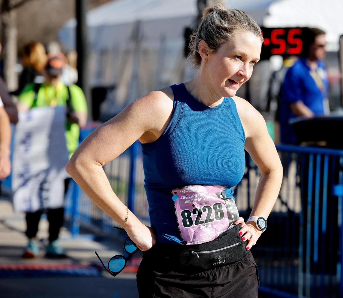 Fort Worth mayor Mattie Parker takes a breath after completing the 46th annual Cowtown Marathon at Will Rogers Complex in Fort Worth, Texas, Sunday, Feb. 25, 2024. This was mayor Parker’s first time to run the Cowtown. More than 10,000 runners registered for the race. (Special to the Star-Telegram Bob Booth)