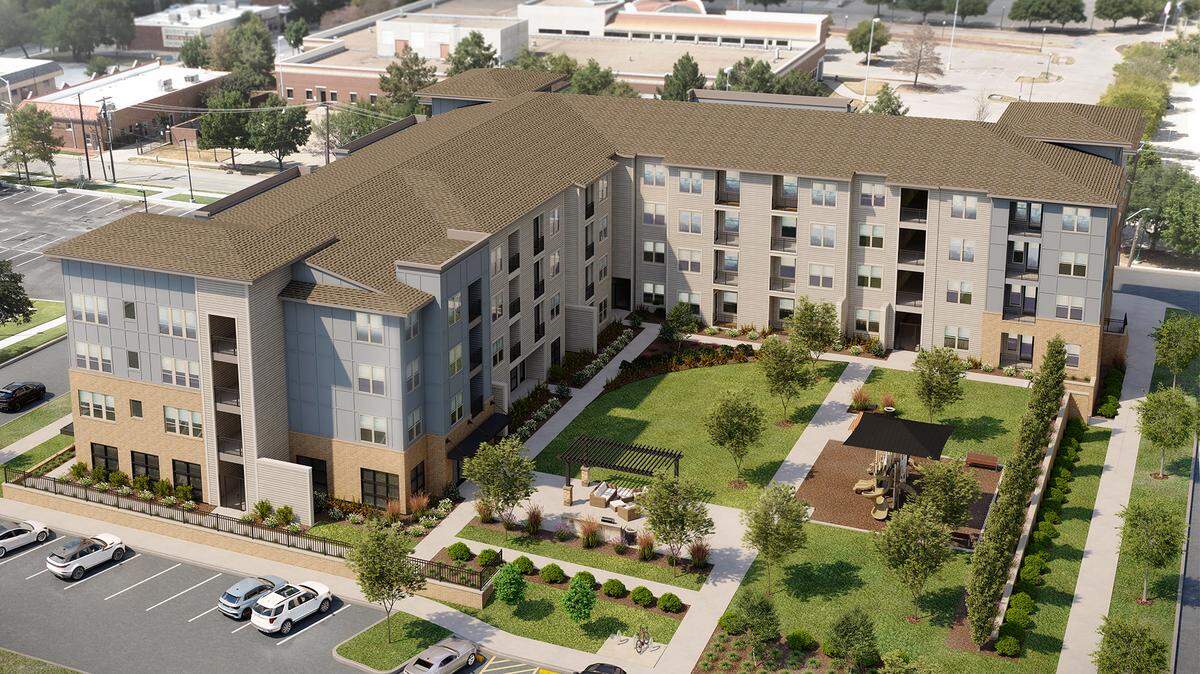 An early digital rendition of Thrive on Crawford, a 67-unit mixed income apartment complex just off Magnolia Avenue slated for completion by 2026.