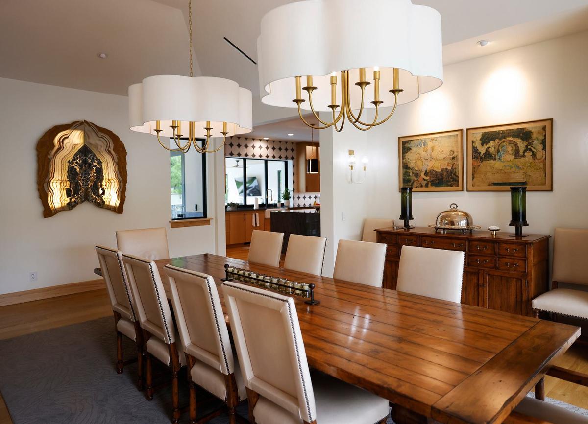 The dining are of Lazy H Ranch’s main house. Lazy H Ranch is a 50-acre property in Fort Worth. The main home has 5 bedrooms and 6.5 bathrooms as well as an infinity-edge pool. There is also an eight-stall stable, two guest houses and a ranch-hand house.