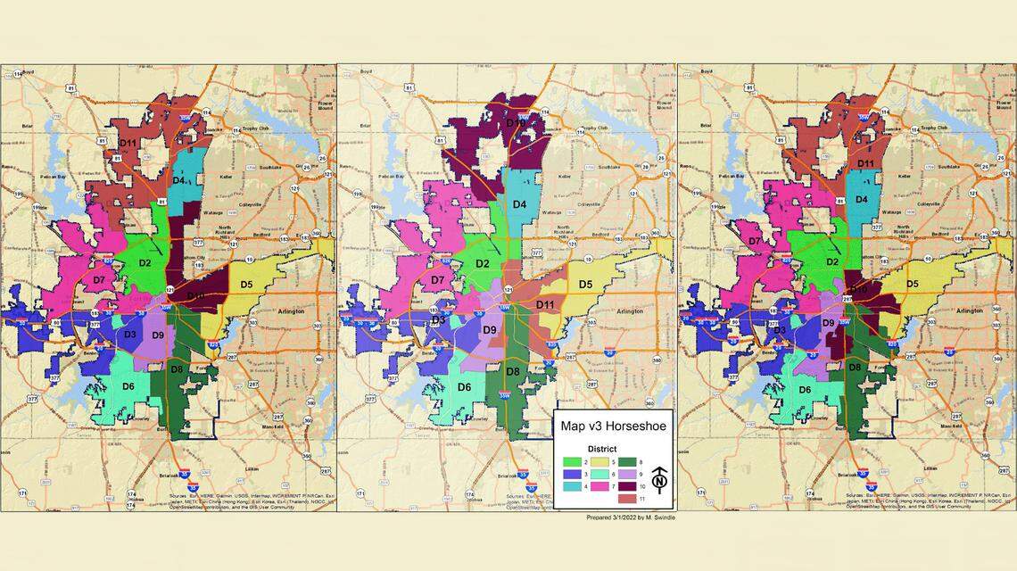 (left to right) Redistricting maps 2, 3, and 4 presented at the Fort Worth City Council public comment meeting 3/22/2022.