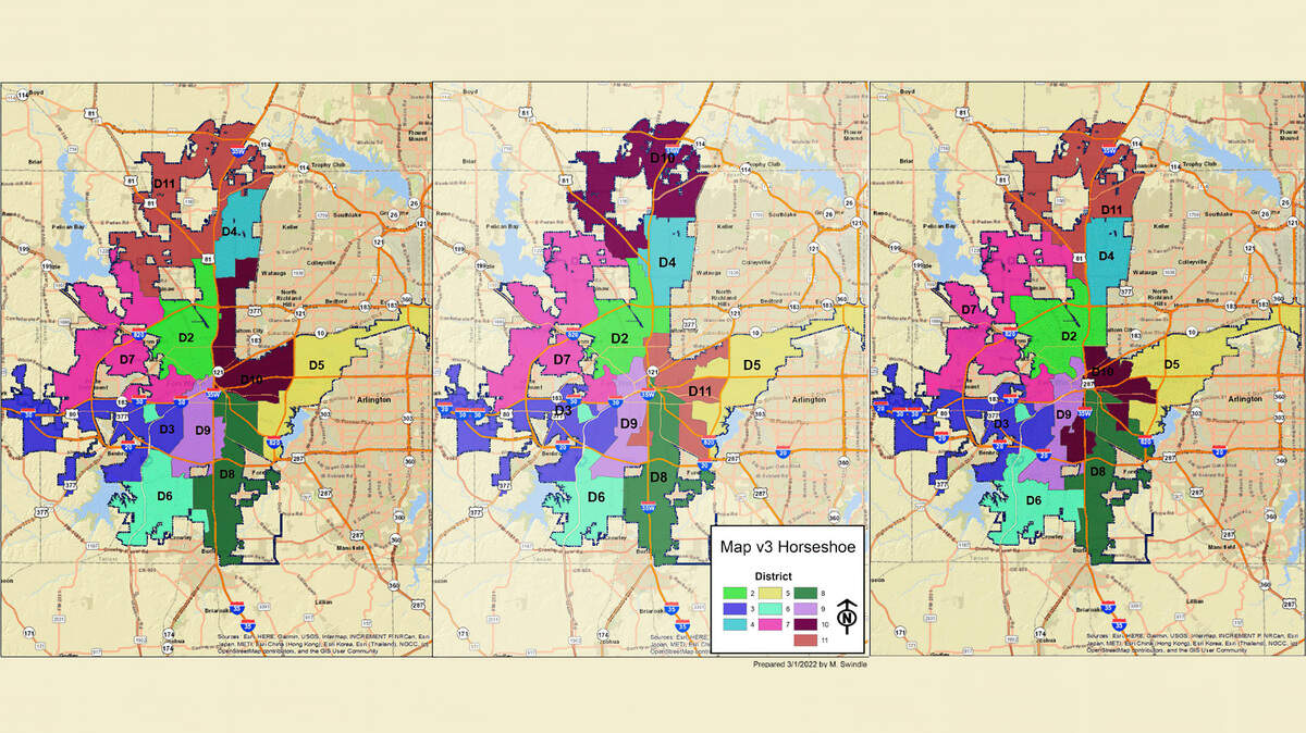 (left to right) Redistricting maps 2, 3, and 4 presented at the Fort Worth City Council public comment meeting 3/22/2022.