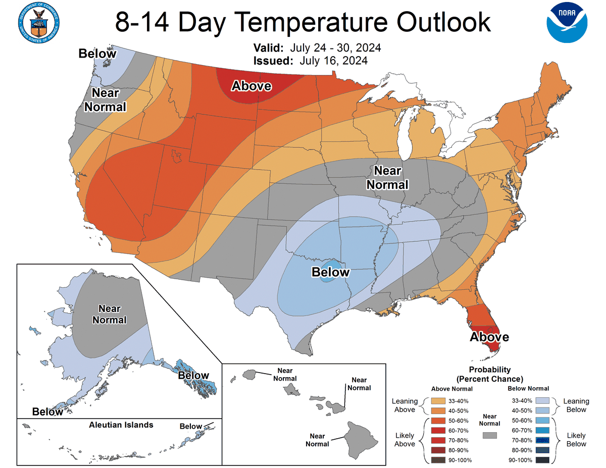 The 8-14 day temperature outlook from the Climate Prediction Center.