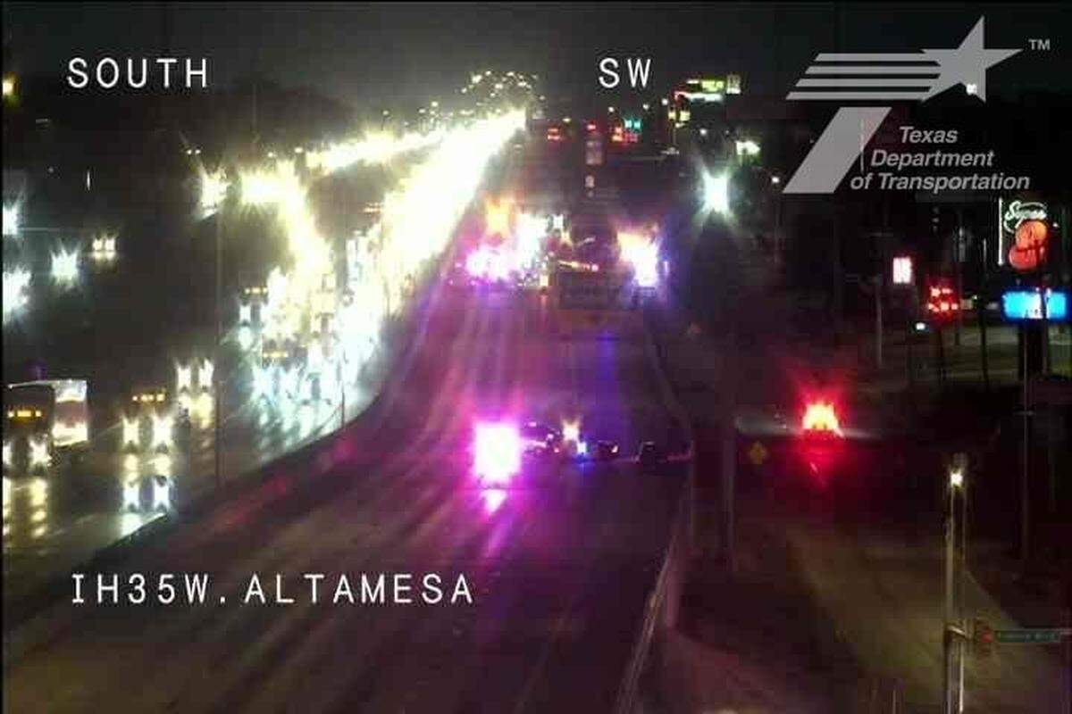 All southbound lanes of Interstate 35W at Altamesa Boulevard in Fort Worth are shut down Monday morning because of a vehicle fire and a second accident in which an officer was hit by a vehicle, according to Fort Worth police.
