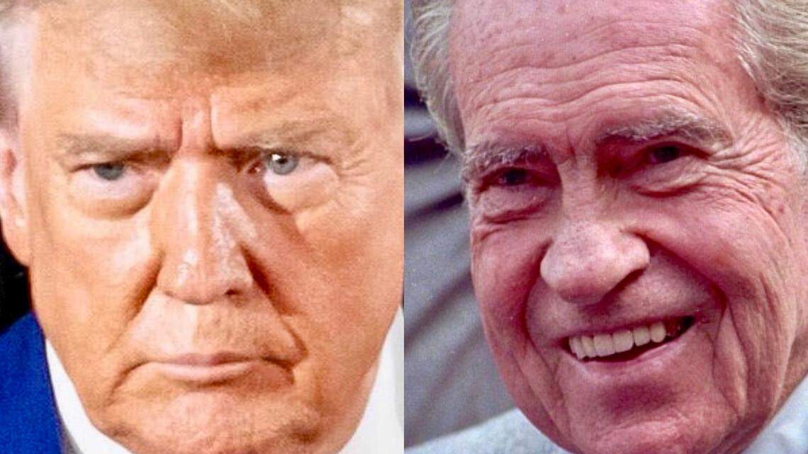 Donald Trump, left, makes his entrance May 1, 2024, for a rally in Waukesha, Wisconsin. Richard M. Nixon, right, was the 37th president.