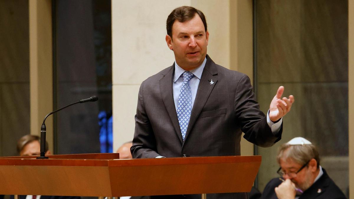 District 97 Rep. Craig Goldman addresses the congregation during a vigil for Israel at Beth-El Congregation in Fort Worth, Texas, Tuesday, Oct. 10, 2023. City and faith leaders spoke to a full house for support of Israel.